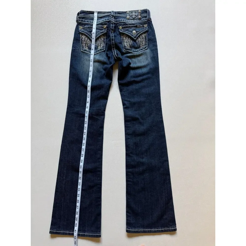Miss Me Dark Blue Mid-Rise Angel Wing Flap Pocket Bootcut Jeans 16 Girls'/Youth